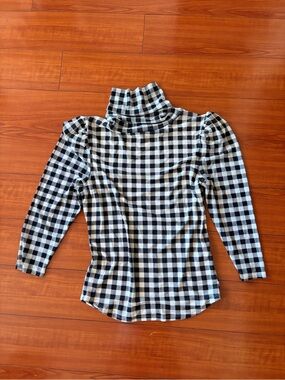 Free People Black & White Gingham Turtleneck with Puff Shoulders